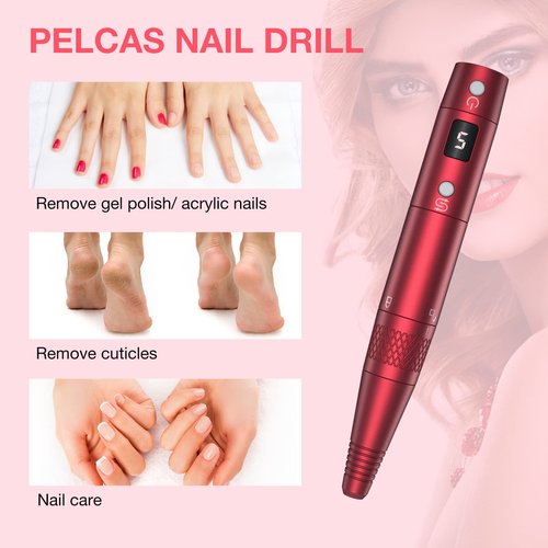 PELCAS Electric Nail Drill, Cordless LCD Nail File Kit 5 Adjustable Speeds 20000RPM Drill Nails Machine for Acrylic, Gel Nail, Manicure Pedicure Grinder Tool