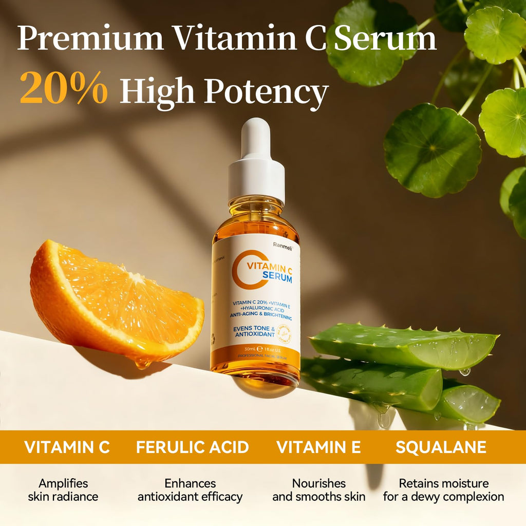 Vitamin C Serum for Face, 20% Natural Vitamin C Facial Serum with Sodium Hyaluronate,Vitamin E,Anti Aging & Wrinkle Skin Face Serum for Dark Spots,All Type Skin Care 1 fl.oz+ 0.05 fl.oz x 10e
