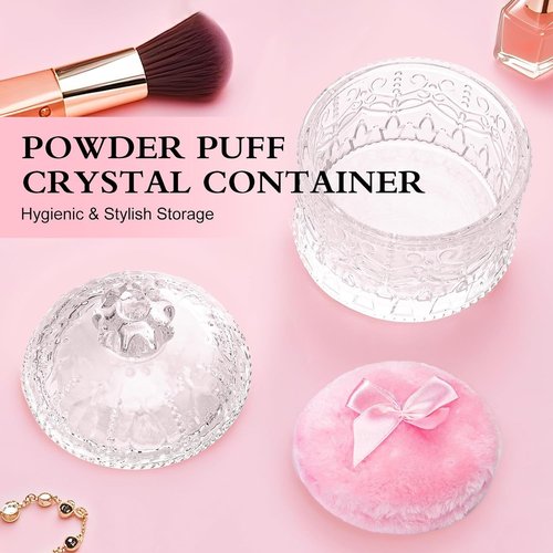 Large Body Powder Puff and Container - Crown Dusting Powder Container with Puff, Crystal Decorative Jar for Women Soft Washable Reusable Velour Face Body Glitter Wet Dry Makeup