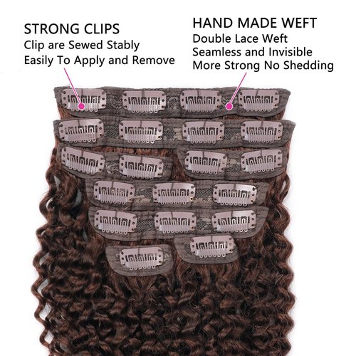 Chocolate Brown Kinky Curly Clip Ins 12 Inch 3C 4A Curly Clip In Hair Extension Real Human Hair Brazilian Remy Human Hair Extensions Double Weft 8Pcs 110g Natural Black