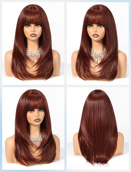 HAIRCUBE Layered Red Brown Medium Long Straight Synthetic Wigs for Women with Bangs Heat Resistant Natural Look for Daily Use