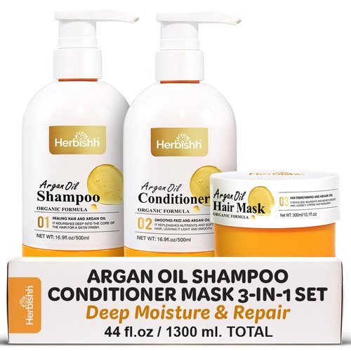 Herbishh Moroccan Argan Oil Shampoo and Conditioner Set with Hair Mask, Moisturizing & Deep Cleansing Kit For Dry, Damaged, Frizzy Hair, Color Safe & UV Protection 16.9fl.oz + 16.9fl.oz + 10.1 fl.oz