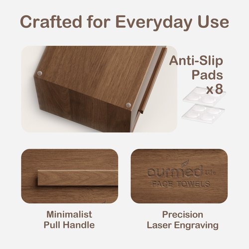 Ourmed Life Walnut Wooden Face Towel Holder Box, Moisture-Resistant Storage Organizer for Bathroom, Includes 50 Ct Disposable Facial Towelettes, 12''x10'' Biodegradable Clean Cloths for Sensitive Skin