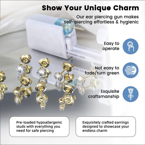 TKKUY 24 Pcs Ear Piercing Kit Disposable Ear Piercing Gun Kit 8 Pcs Self Piercing Gun with Cubic Zirconia Earrings Stud 4 Prong / 6 Prong Setting 3mm Diameter Ball Ear Stud Ear Piercer Kit Tool Gold