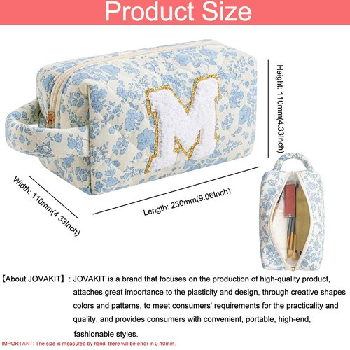 JOVAKIT Alphabet Makeup Bag Cosmetic Bag with handle for Women, Christmas Gifts for Girls Age 3-16, Floral Flowers Coquette Travel Toiletry Bag, Zipper Make Up Pouch Organizer Bag (Blue Floral M)