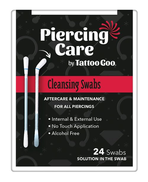 Tattoo Goo Piercing Care Cleansing Swabs, 24 Count, Medicated Cotton Swabs with No Alcohol, Oral & Dermal Aftercare, Antiseptic Formula, Helps Prevent Infection, Irritation and Scarring