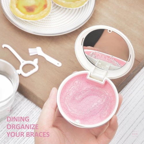 Gaboolo Retainer Case with Mirror and Lanyard,Slim Aligner Case with Vent Holes,Cute Dental Brace Box with Retainer Removal Tool and Brush(White Pink with Lanyard)