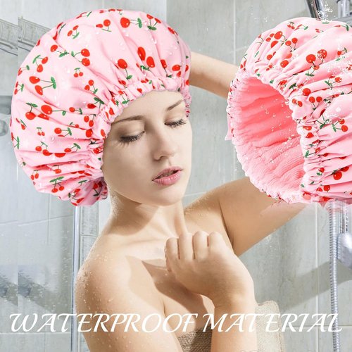 Skiennix Shower Cap - Reusable Terry Lined Waterproof Cap for Long Thick Hair - Pink