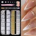 3D Mixed Sizes Nail Beads and Pearls Nail Charms Kit, Gold Silver Mini Metal Caviar Nails Beads Studs, White Flatback Round and Half Round Pearls with Pickup Pencil and Tweezers