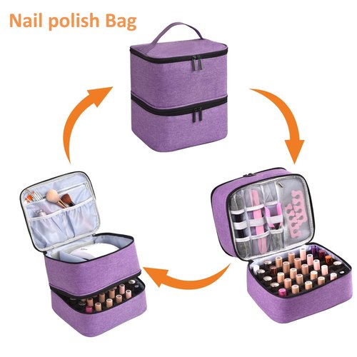 Quoyiyo Nail Polish Organizer - Holds 30 Bottles & Nail Lamp, Double-Layer Nail Organizers and Storage, Nail Polish Bag with Handle Nail Travel Case for Nail Tech (Purple)