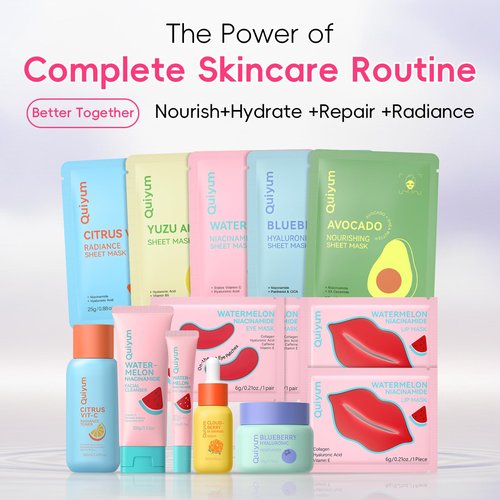 QUIYUM Fruit Skincare Set - with Pink Plush Makeup Bag & Strawberry Nail Art, Hydrating Moisturizing Glowing Oil Control Facial Care, Spa-Like at Home, Perfect Teen Girl Gifts Trendy Stuff
