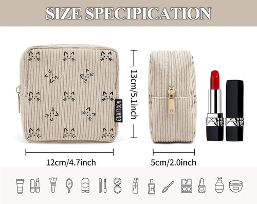 GUMITOON Small Makeup Bag Pouch for Purse Cute Cat Corduroy Mini Cosmetic Bag for Women with Slip-in Pockets Sanitary Napkin Pouch,Beige