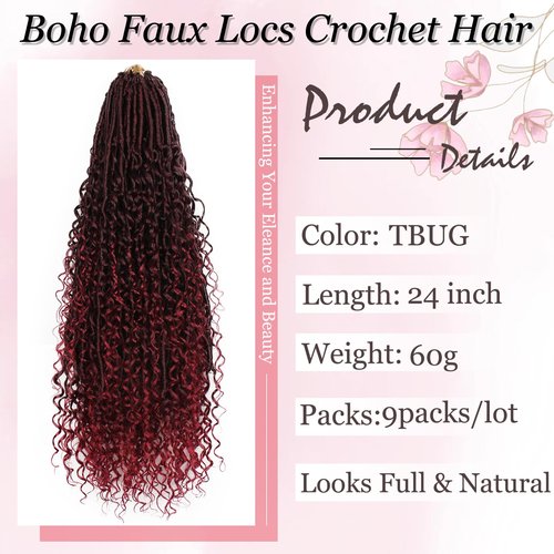 Haftaluv Boho Faux Locs Crochet Hair 9 Packs Long Goddess locs 24 Inch Boho Soft Locs With Curly Ends Pre Looped Bohemian River Loc Crochet Hair For Women (24 inch,TBUG)