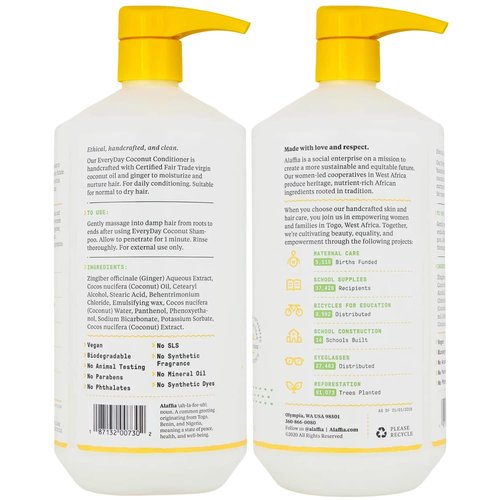 Alaffia Everyday Coconut Conditioner 2-Pack – Moisturizing Coconut Oil & Ginger Extract, Normal to Dry Hair, Curly Styles, 32 Oz Ea