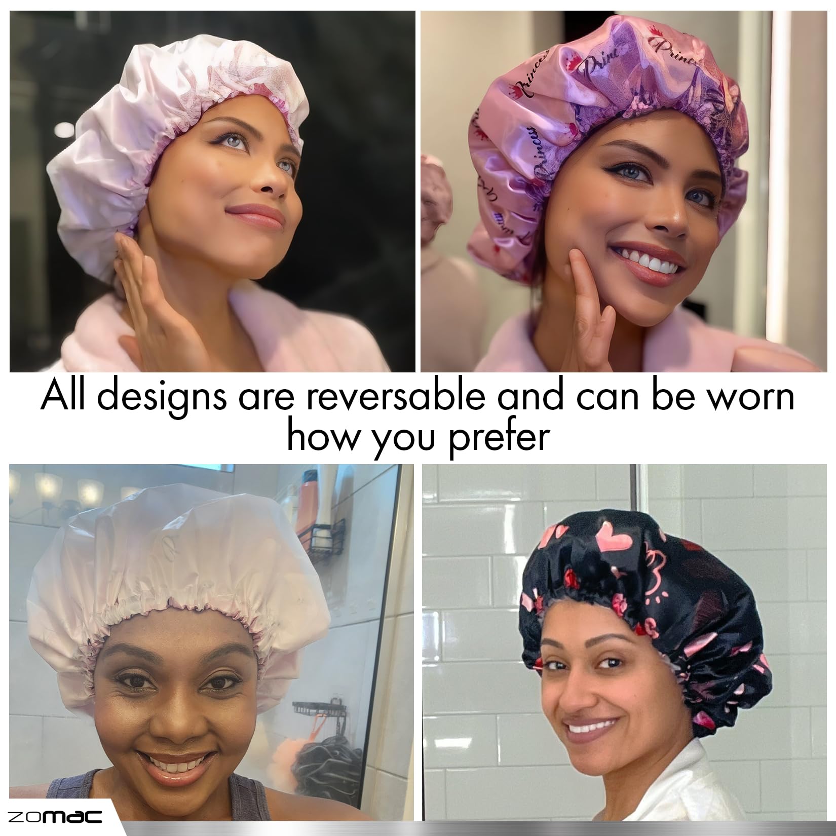 Zomac Satin Shower Cap for Women, Reusable and Waterproof Shower Cap for Long Hair, Luxury Print and Double Layer (Pink, Large)