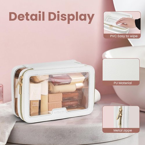 Aniborsa Clear Makeup Bag, Travel Clear Cosmetic Bag and Makeup Brush Bag, Transparent Portable Makeup Case, Waterproof Toiletry Bag with Zipper for Women, White