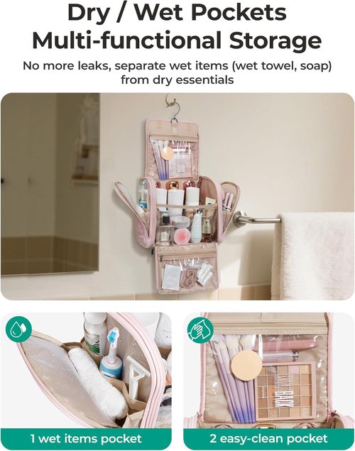 BAGSMART Travel Toiletry Bag - Large Capacity Cosmetic Organizer with Hanging Hook & Water-Resistant Design