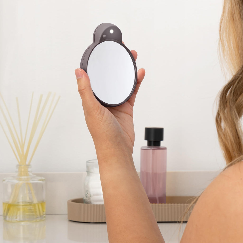 Zadro Magnification Lighted Compact Mirror with LED Light & Retractable Suction Cups – Travel Makeup Mirror, Cool White 6400K Lighting, Battery Operated, Made in USA (Chocolate, 10X | 4.3"L x 3.5"W)
