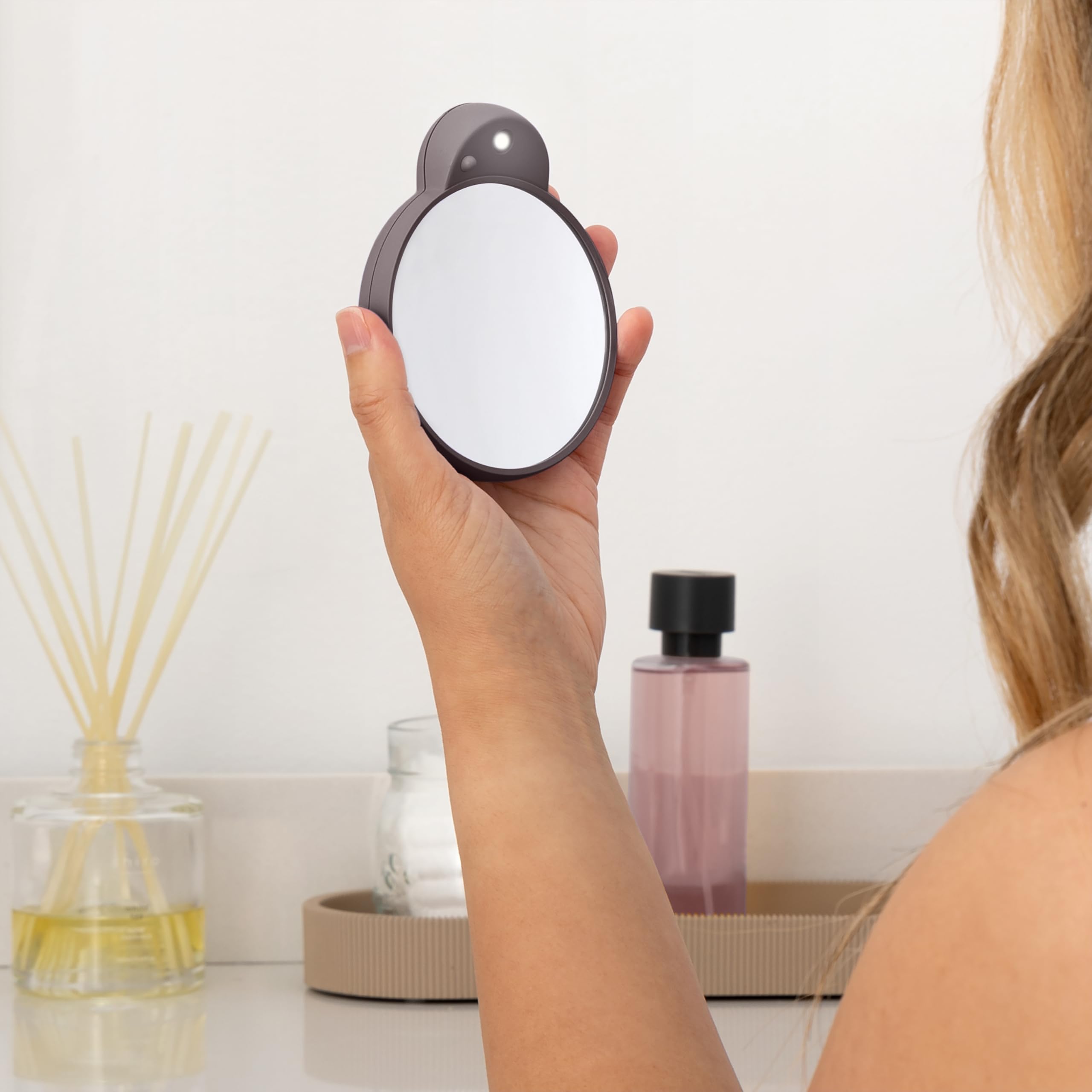 Zadro Magnification Lighted Compact Mirror with LED Light & Retractable Suction Cups – Travel Makeup Mirror, Cool White 6400K Lighting, Battery Operated, Made in USA (Chocolate, 10X | 4.3"L x 3.5"W)