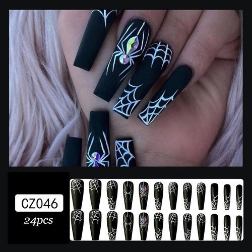 Black Halloween Press on Nails Long with Spider Web Designs, Full Cover Halloween Fake Nails Glossy Halloween Glue on Nails Long Halloween Nails for Women, 24 Pcs