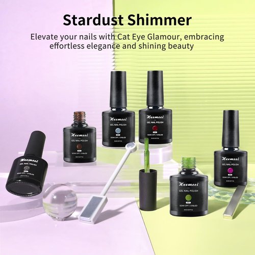 heemeei Cat Eye Gel Nail Polish, 6 Colors 8 ml Magnetic Blue Brown Purple Black Green Red Nail Polish Set with Magnetic Stick, Cat Eye Glitter Gel Polish, Spring Summer Magnetic Polish for Nail DIY