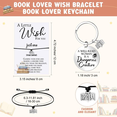 Sweetude 4 Pcs Book Lovers Gifts Sets Include Book Tote Bag, Bookworm Bracelet with Wish Card, Canvas Makeup Bag, and Bookish Keychain for Women Readers Books Lover Gifts