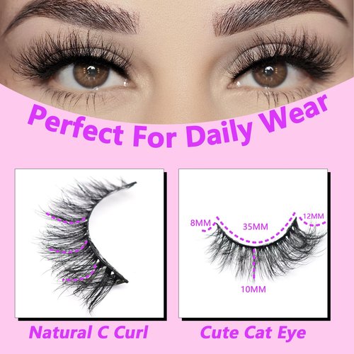 Miss Kiss 6 Pairs Fluffy Cat Eye False Lashes Strips, Russian C Curl Eyelashes Pack, 3D Mink Lashes Volume Natural Look 12 MM