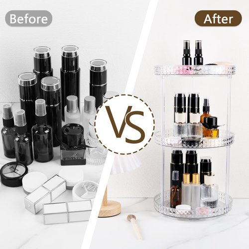 Runivor 360 Clear Rotating Makeup Organize for Vanity,3 Tiers Lazy Susan with Diamond Pattern, Large-Capacity Skincare Organizers Cosmetic Display Case Organizer for Dresser (Clear White, 3Tiers)