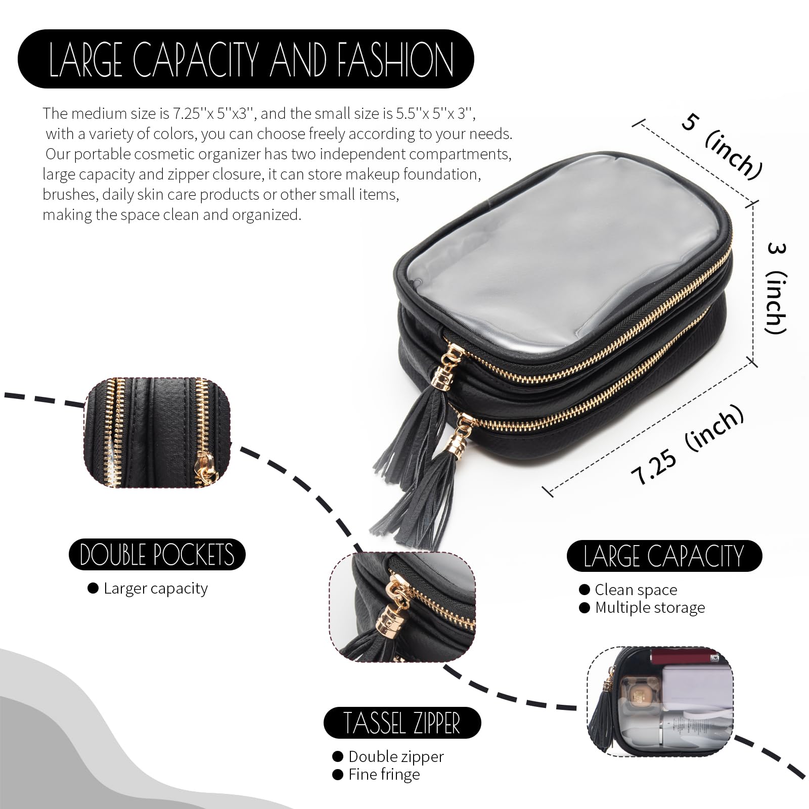 XIAOLER Clear Makeup Bag Organizer for Women, Double Sided Cosmetic Travel Bag with Dual Zippers,PU Leather Waterproof Travel Toiletry Bag Portable Make up Pouch for Home Office (Black, Medium)