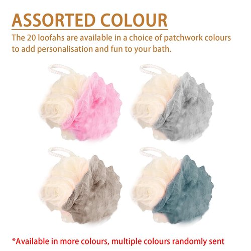 BEAGERUO 20 Pack Travel Loofah Individually Wrapped, Small Loofah Shower Puff, 30g Mini Bath Sponge Pouf Ball Body Sponges for Shower, Multicolor