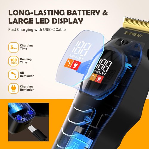 Professional Cordless Hair Clippers for Men- Hair Cutting Kit for Barbers & Family, Wireless Beard Hair Trimmers Set with LED Display, Rechargeable Hair Cutting Machine for Family (Black)