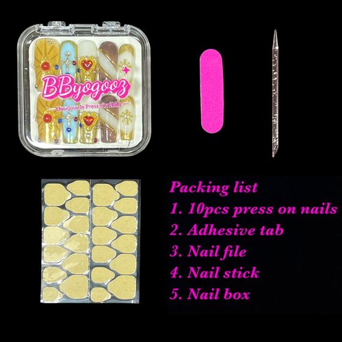 Handmade Press On Nails Middle/Long Square Luxury Acrylic Fake Nails - Vintage Red Heart & Diamond Gold Salon False Nails, 3D Press Ons Gift for Women (Luxury gold, L)