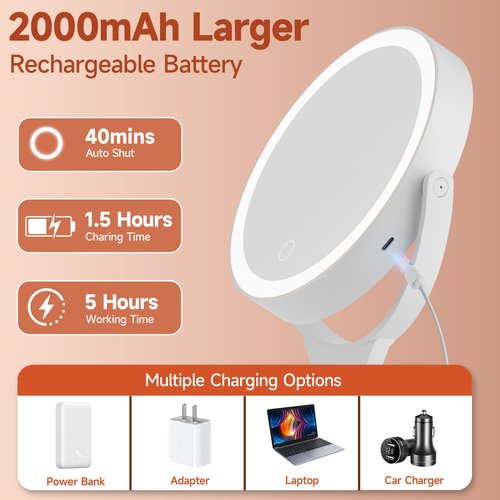 Hasipu Portable Travel Makeup Mirror with Lights – 360° Rotating with 1X/10X Magnifying, Rechargeable Tabletop Handhold Hanging 3 in 1 Mirror (White)