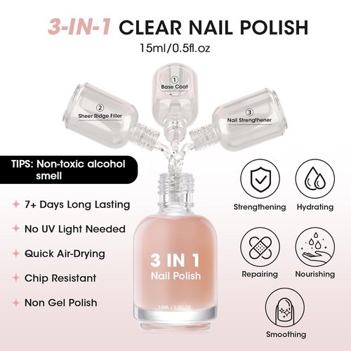 GELLEN Clear Nail Polish Base Coat - Ridge Filling Sheer Nude Tint | Nourish & Strengthen Damaged Nails