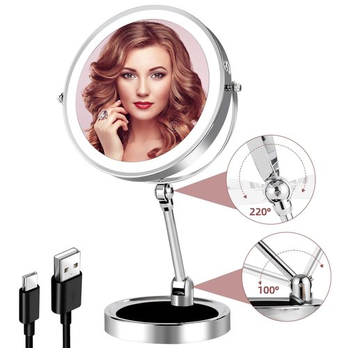 FFowcye 8" Rechargeable Lighted Makeup Mirror with Magnification, Adjustable Height & Brightness 1X/10X Double Side Magnifying Mirror with Light, 3 Color Lighting 360° Rotation Storable Base, Chrome