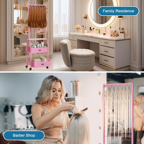 Portable Braiding Hair Rack with Wheels & Storage Drawers,2-Sided 288 Pegs,Hair Extension Holder Hanger for Braiding Hair Separator Stand Display,Hair Rack with Stylist Hair braiding Tools（Pink）