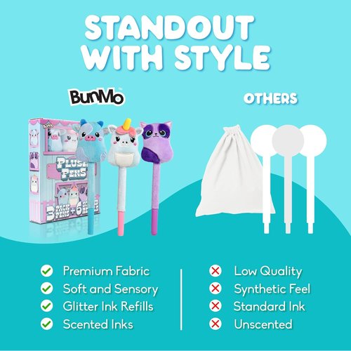 BUNMO Plush Cute Pens 3-Pack - Squishy Animal Designs with Scented Glitter Ink Refills | Cat, Cow, Unicorn