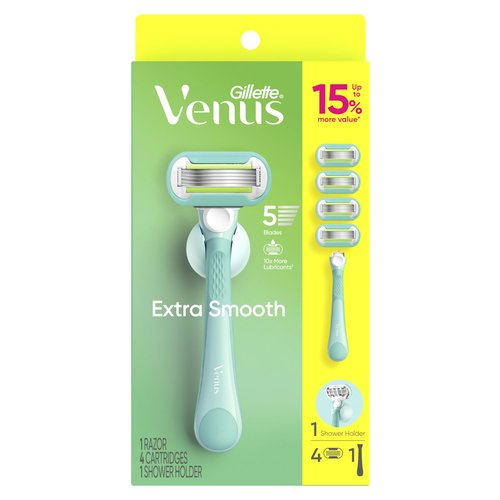 Gillette Venus Extra Smooth Razor for Women, Includes 1 Reusable Razor Handle + 4 Refills, 5-Bladed, Ergonomic No-Slip Gel Handle and Shower Holder, Holiday Gifts for Women