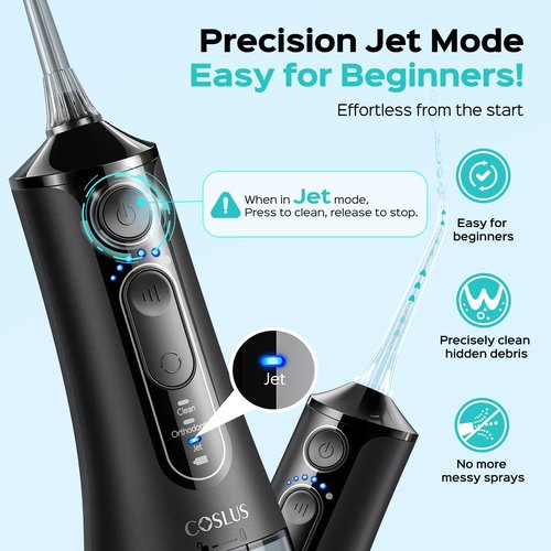 COSLUS C51 Portable Water Flosser for Teeth: 3 Modes & 6 Pressure Settings with Jet Mode Water Dental Pick for Orthodontic, Braces, Sensitive Gums, Compact for Travel, 300ML for Multiple Users, Black