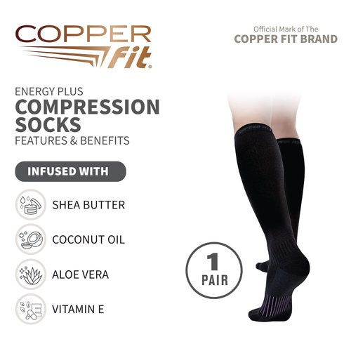 Copper Fit unisex adult Moisturizing Energy Plus Easy On Easy Off Knee High Compression Socks, Black, Small-Medium US (Pack of 2)