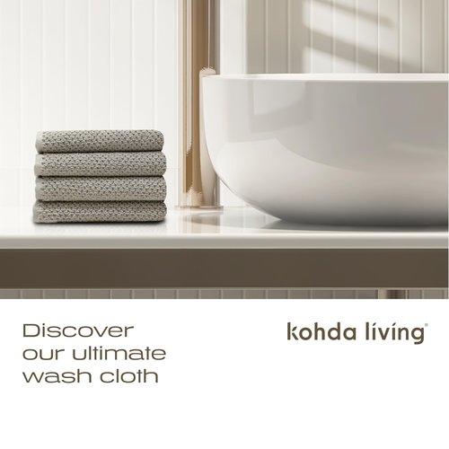KOHDA LIVING Beige Bathroom Wash Cloths for Face Body & Showering, 4-Pack - Silver Infused 100% Organic Cotton Luxury Washcloths, 600 GSM, 12.9"x12.9" - Soft Thick Lint-Free Bath Wash Cloth Set