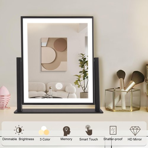 Beelux Vanity Mirror with Lights,15.3" Makeup Mirror with Light Smart Touch Control Dimmable 3 Modes Lighted LED Mirror 360°Rotation Black for Christmas Birthday Thanksgiving Mother's Day
