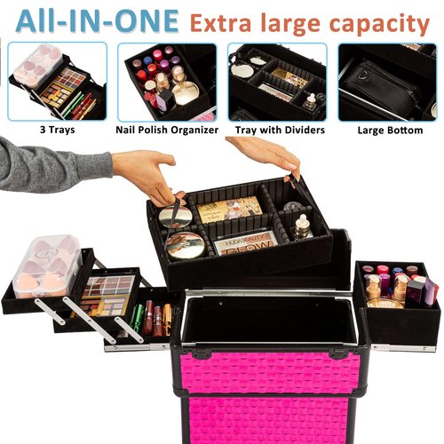 AROUS Rolling Makeup Train Case Cosmetic Travel Trolley with 4 Aluminum Trays with Sliding Rail Removable Middle Layer with Key Swivel Wheels Salon Barber Traveling Cart Trunk, Rose Red
