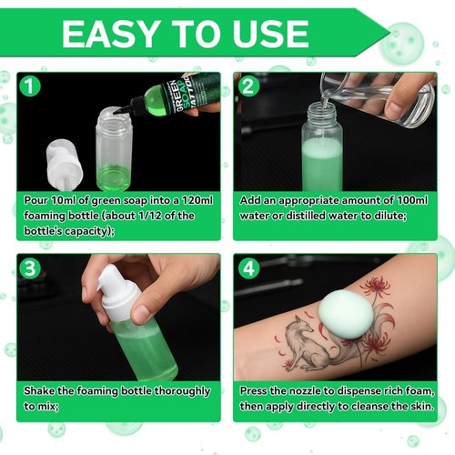 Green Soap Tattoo Concentrated 4OZ with Foaming Bottle 120ml, Tattoo Soap Supplies for Piercings and Clean Skin, Effective & Gentle (Green)