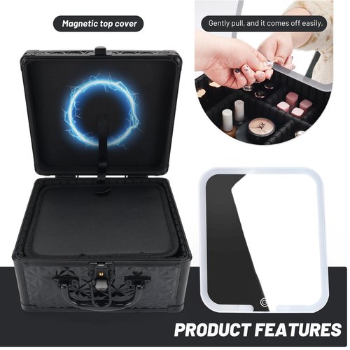 HAISKY Makeup Case, Travel Train Case with Magnetic LED Mirror, Waterproof Cosmetic Organizer with Adjustable Divider, 3 Color Mode - Sparkling Black