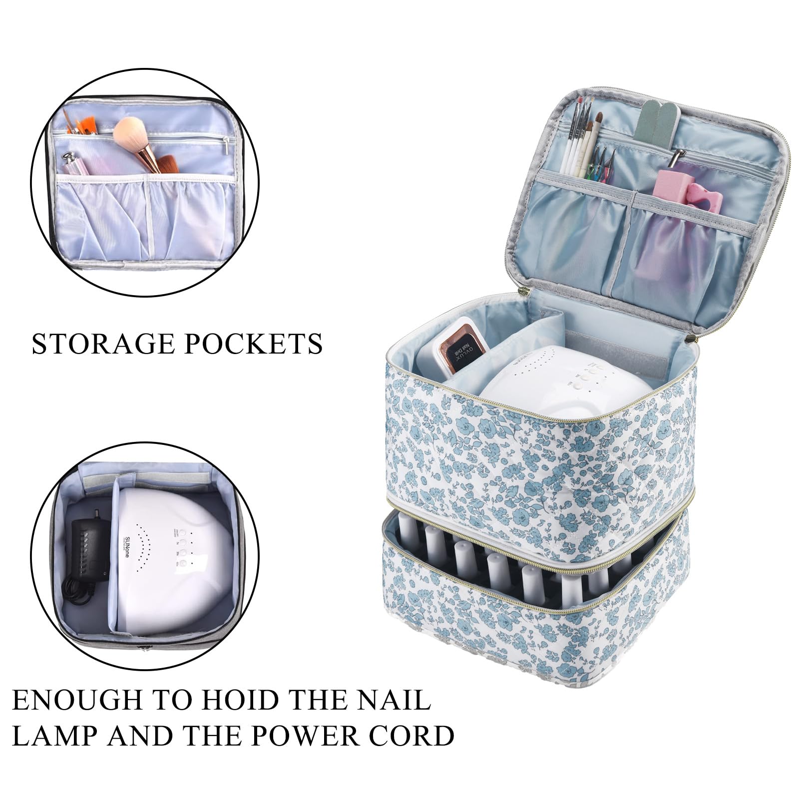 ZFZGFRCS Upgraded Nail Polish Organizer Case - Holds 30 Bottles and 1 Nail Light, Double-layer Nail bag Organzier Case Nail Polish Storage Bag with Handles (Blue-Flower)