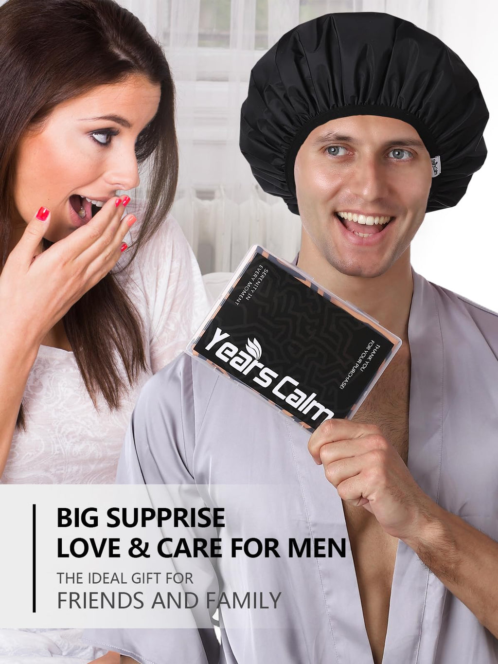 Years calm Men Shower Cap Reusable Waterproof, Dual-Layer Design, Double-Sided Use,Protects Hair in Shower, Spa, Travel & Cooking, Adjustable Elastic for Comfortable Fit (Black Plaid, One Size)
