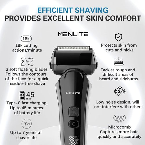 MENLITE Electric Shaver for Men,3 Floating Blade Beard Trimmers,Waterproof Foil Shaver,Cordless Rechargeable with Pop Up Sideburns Trimmer,Portable Men’s Travel Facial Hair Groomer