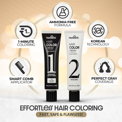 Herbishh 1-Minute Korean Hair Dye Cream - Ammonia-Free Permanent Color for Natural Black Hair | 2.03 fl oz Each