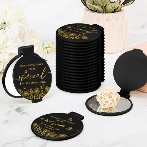 HSDSH 100 Pcs Inspirational Compact Mirror Bulk Small Pocket Mirror Purse Round Portable Folding Makeup Mirror Thanksgiving for Women Coworker Employee Teacher(Black)
